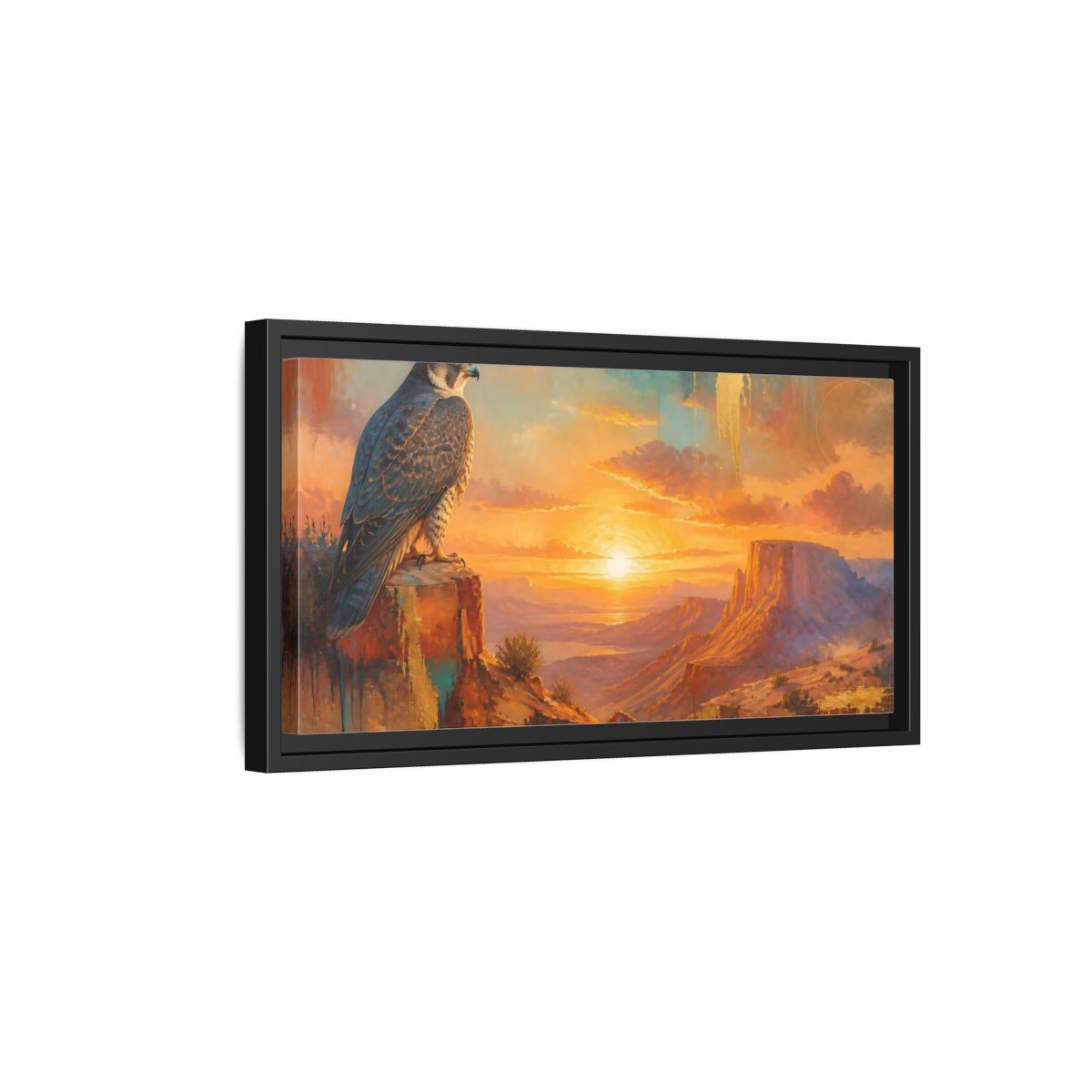 Side Mockup 8. Falcon At Desert Sunrise shown as framed canvas print