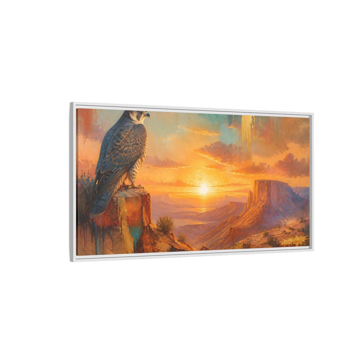 Side Mockup 3. Falcon At Desert Sunrise shown as framed canvas print