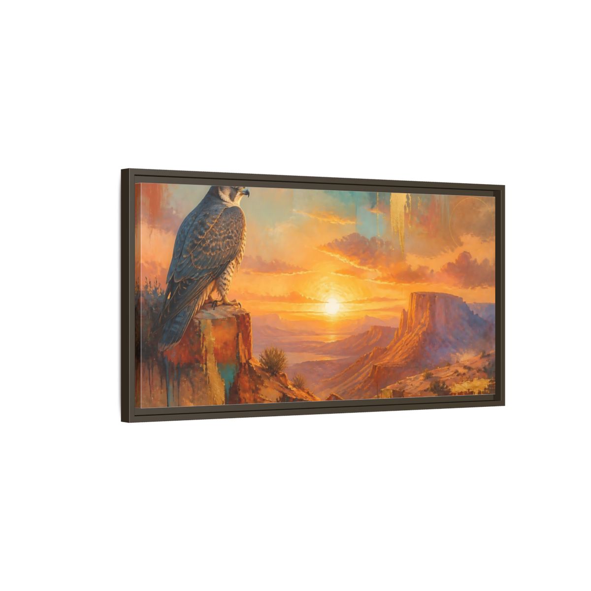 Main Mockup. Falcon At Desert Sunrise shown as framed canvas print