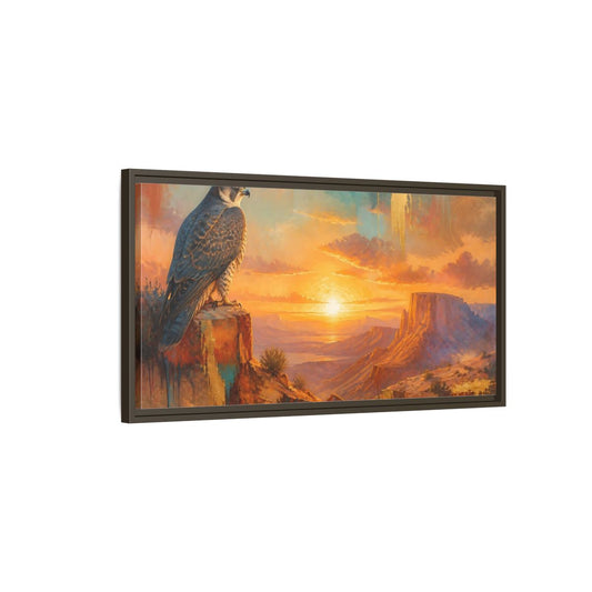 Main Mockup. Falcon At Desert Sunrise shown as framed canvas print