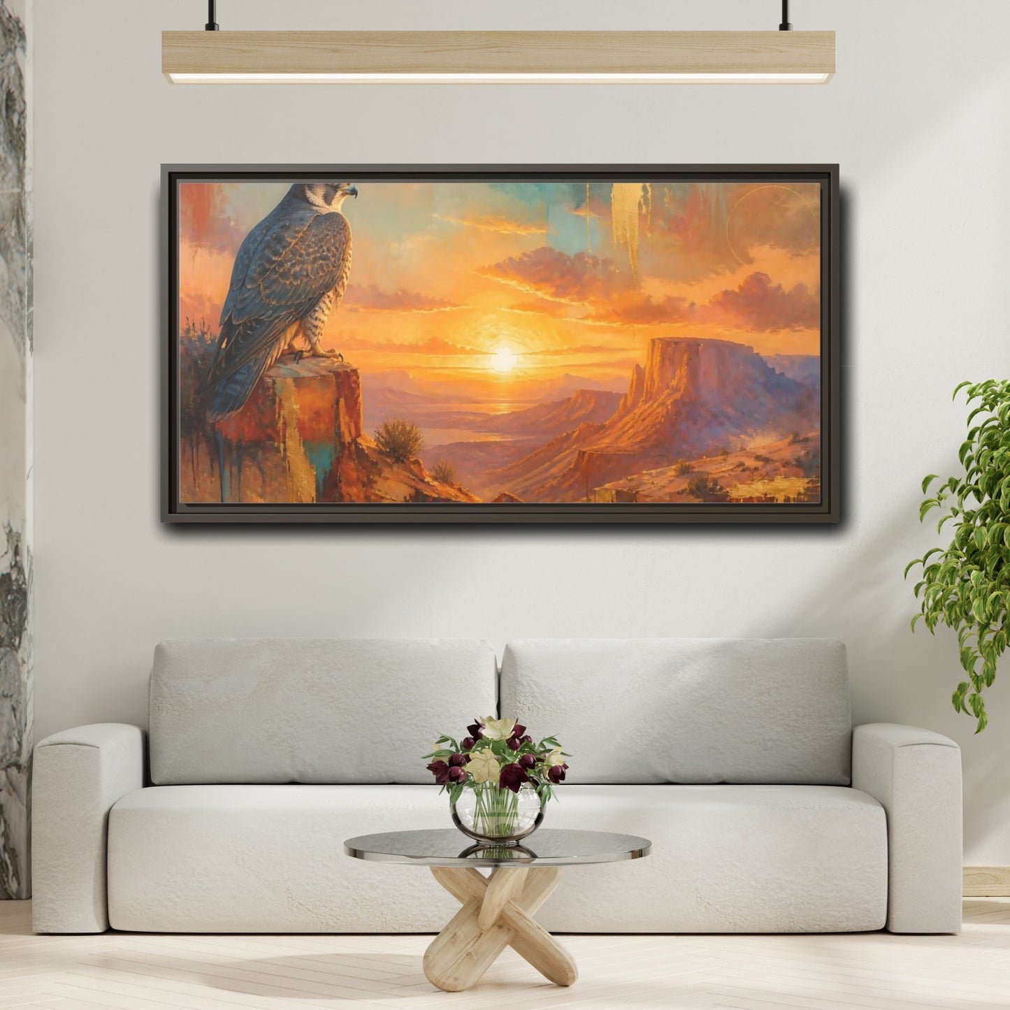 Mockup 2. Falcon At Desert Sunrise shown as framed canvas print