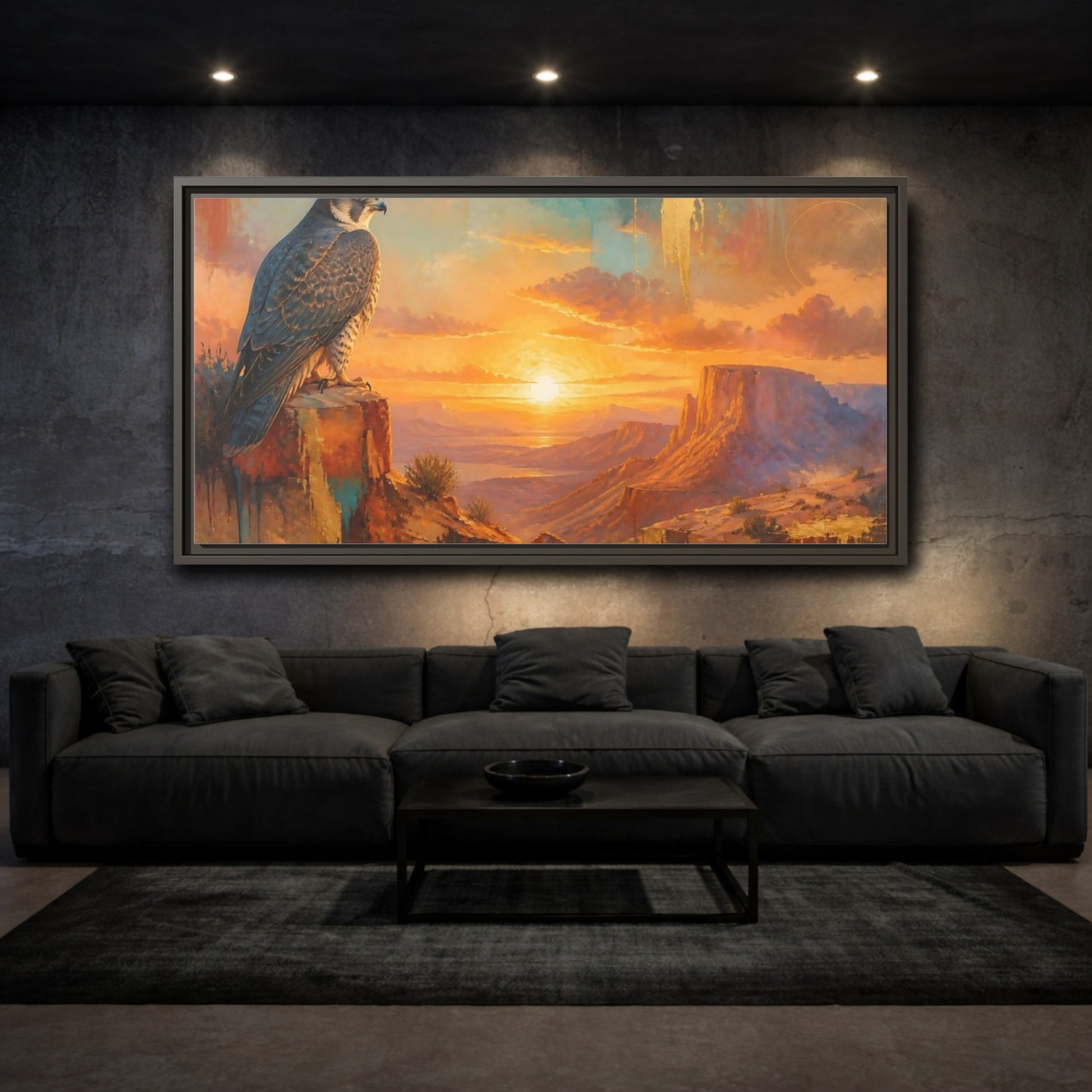 Mockup 3. Falcon At Desert Sunrise shown as framed canvas print