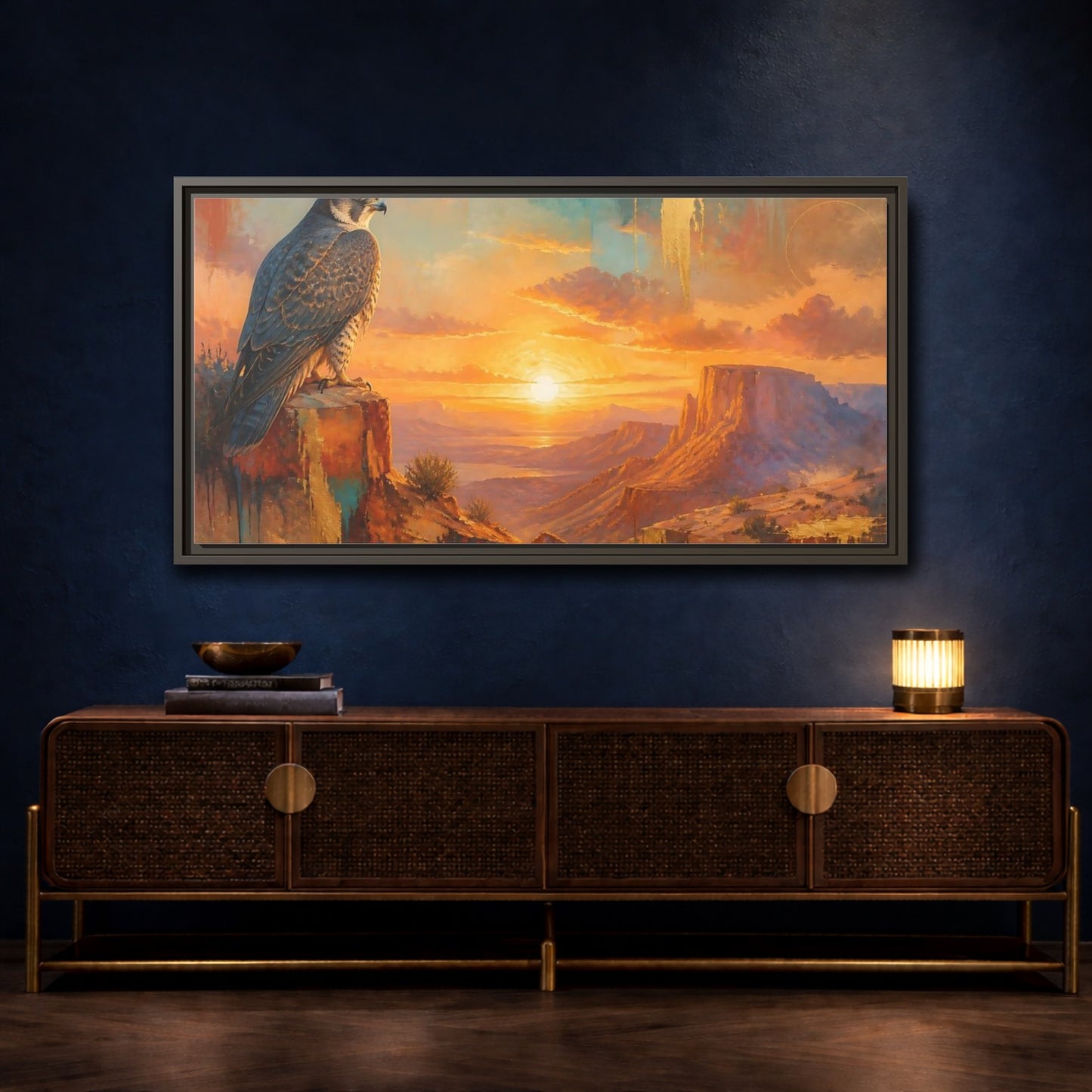 Mockup 4. Falcon At Desert Sunrise shown as framed canvas print