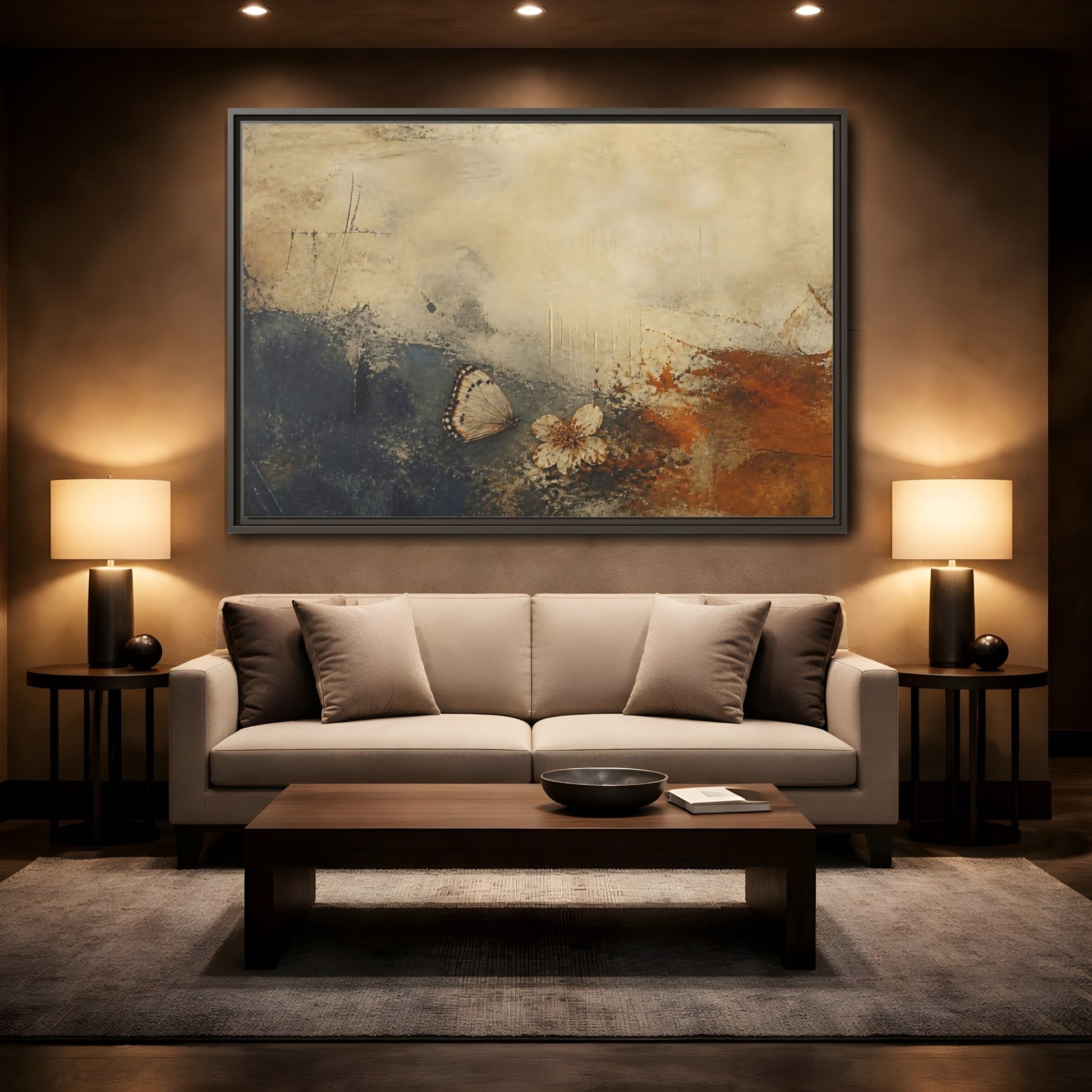 Mockup 2. Fallen Blossom & Butterfly shown as framed canvas print