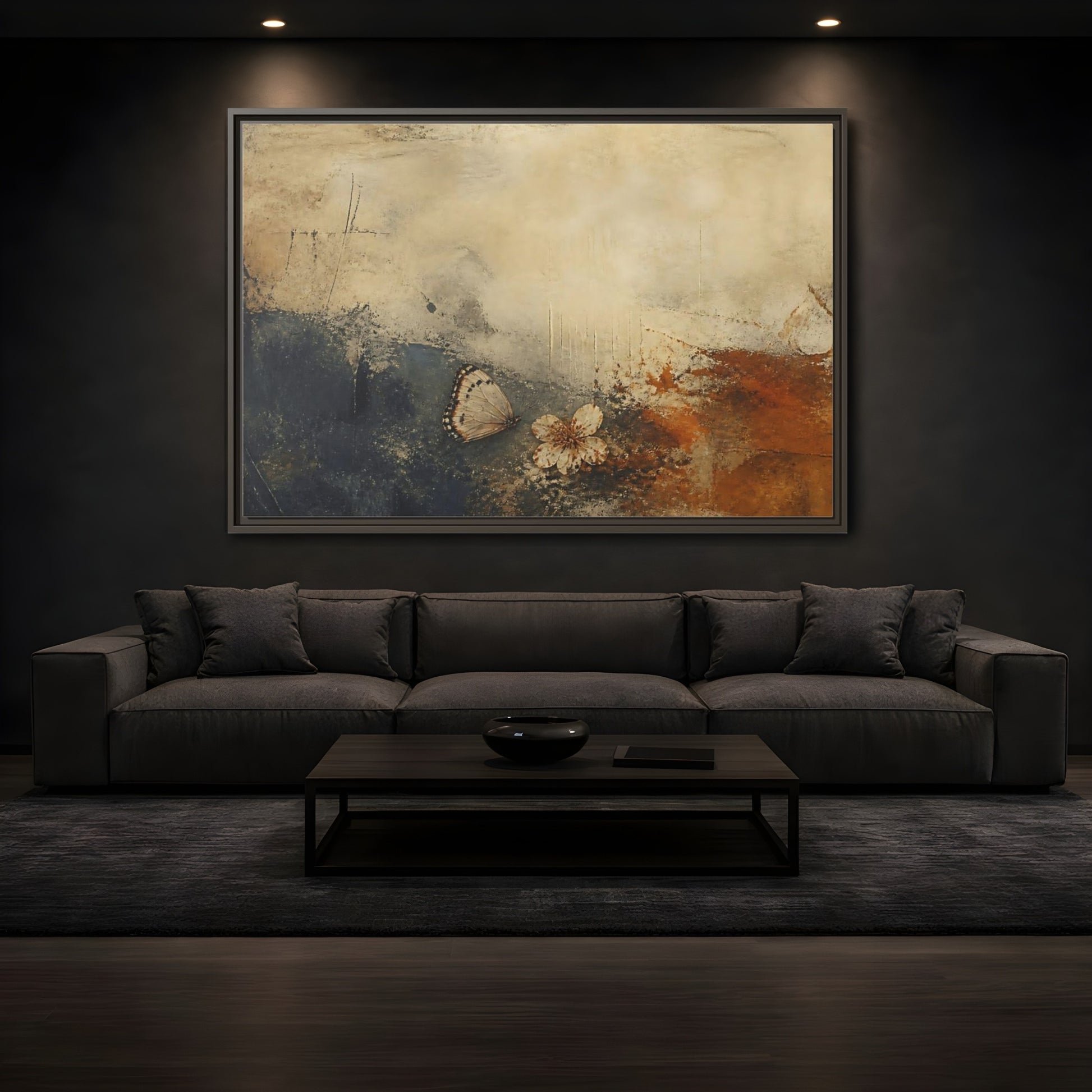 Mockup 3. Fallen Blossom & Butterfly shown as framed canvas print