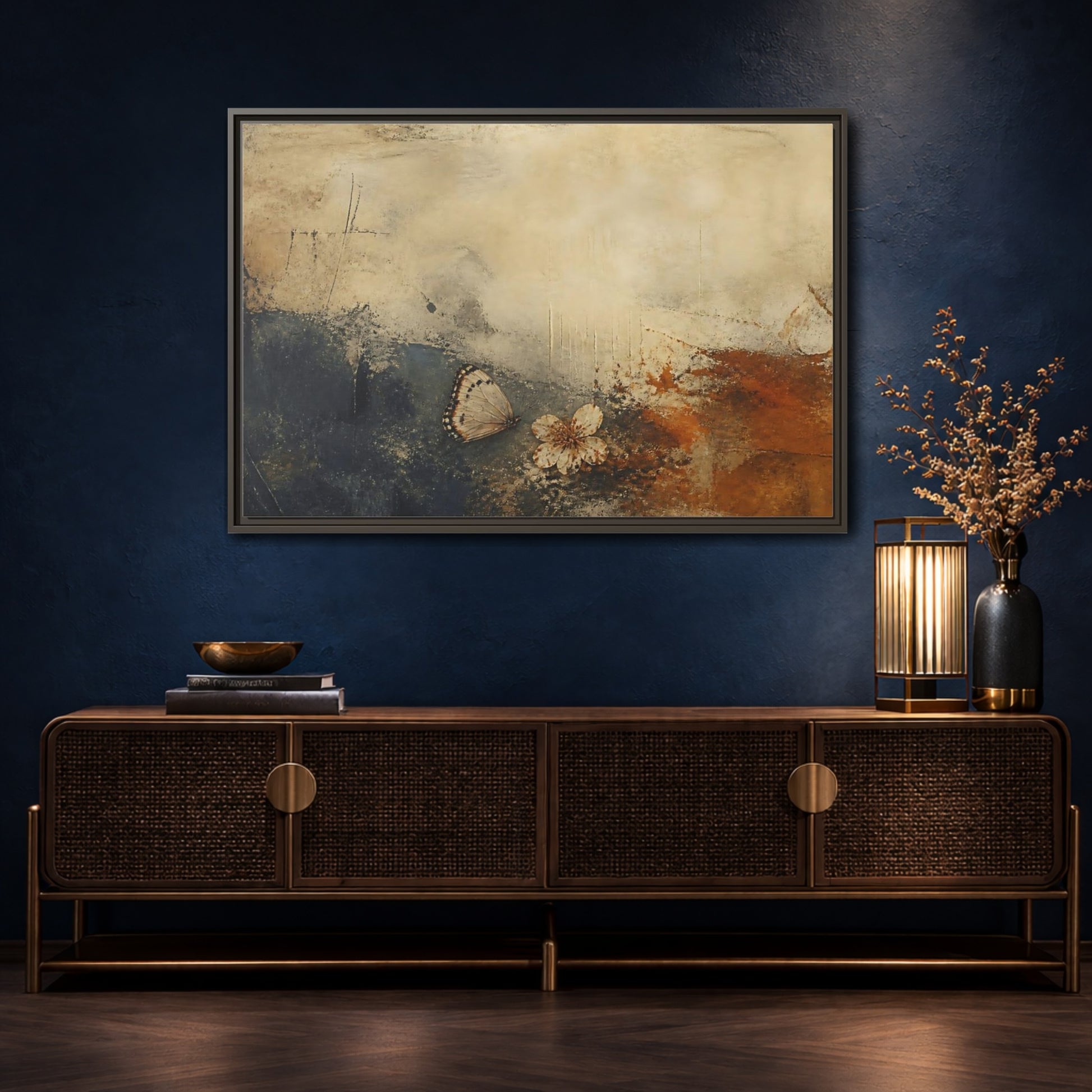 Mockup 4. Fallen Blossom & Butterfly shown as framed canvas print