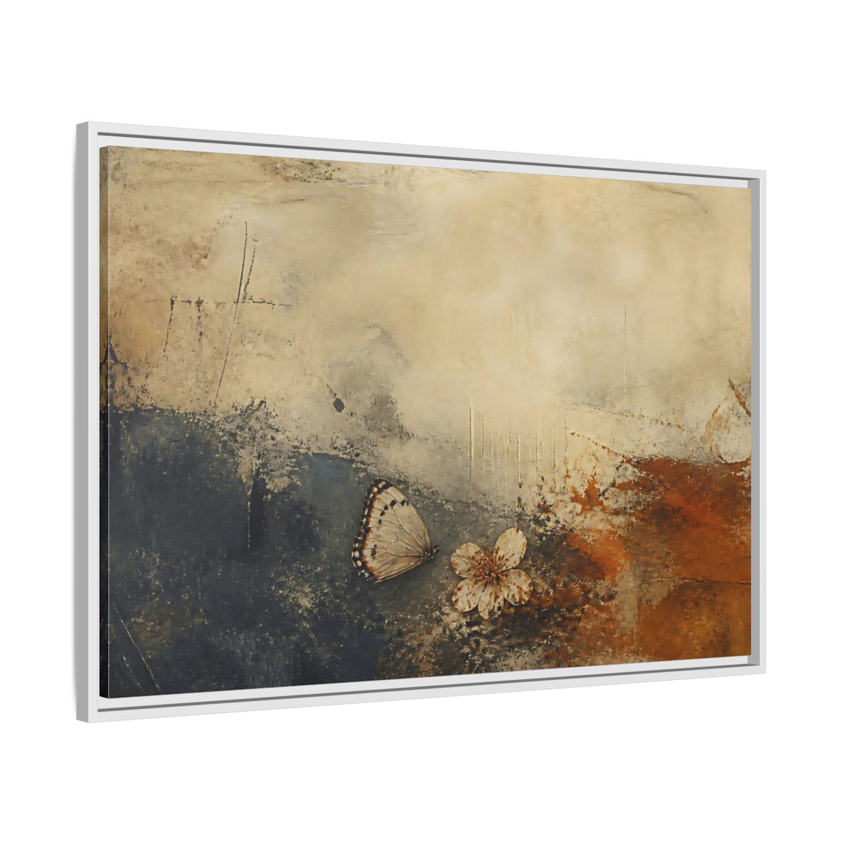 Side Mockup 9. Fallen Blossom & Butterfly shown as framed canvas print