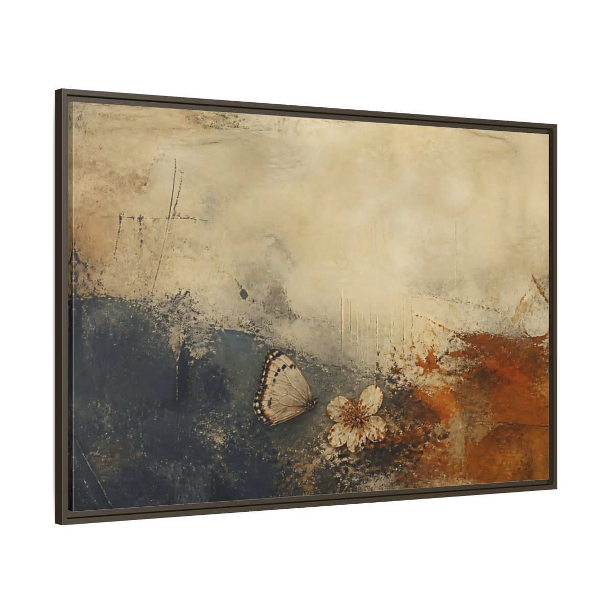 Side Mockup 8. Fallen Blossom & Butterfly shown as framed canvas print
