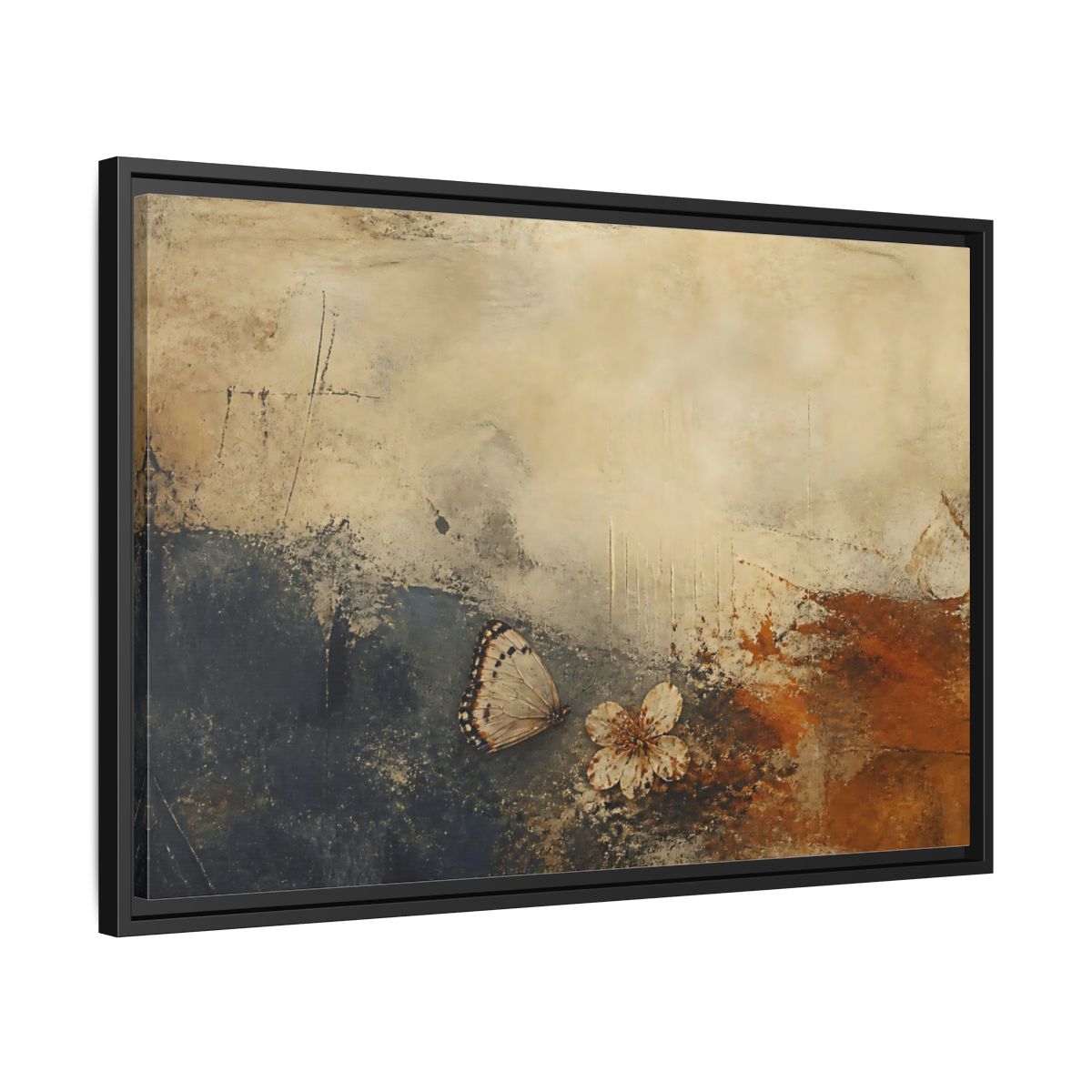 Side Mockup 14. Fallen Blossom & Butterfly shown as framed canvas print