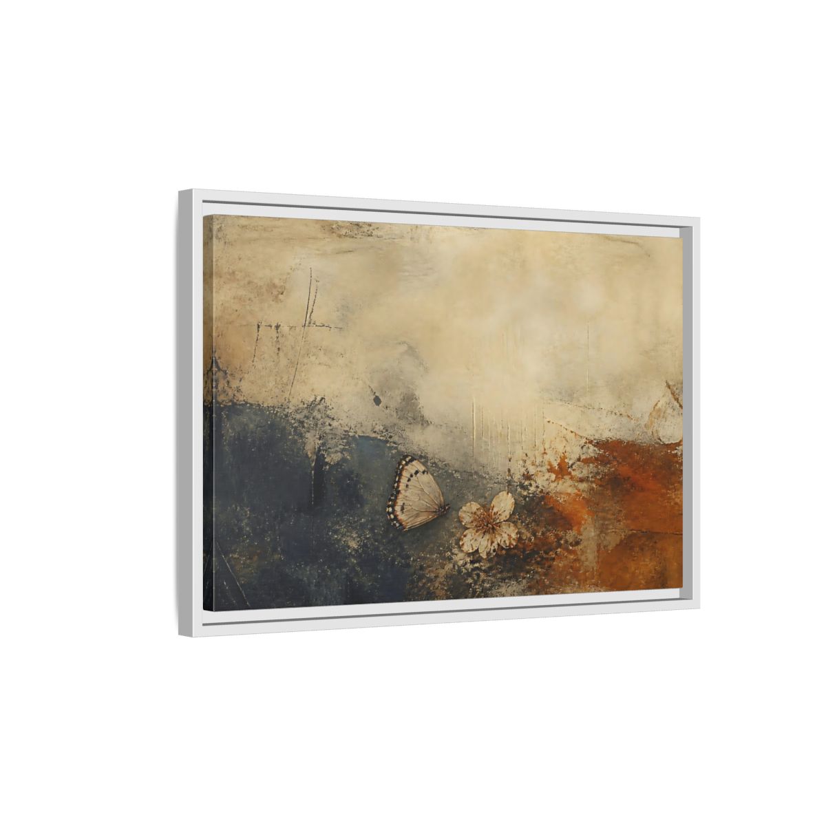 Side Mockup 1. Fallen Blossom & Butterfly shown as framed canvas print