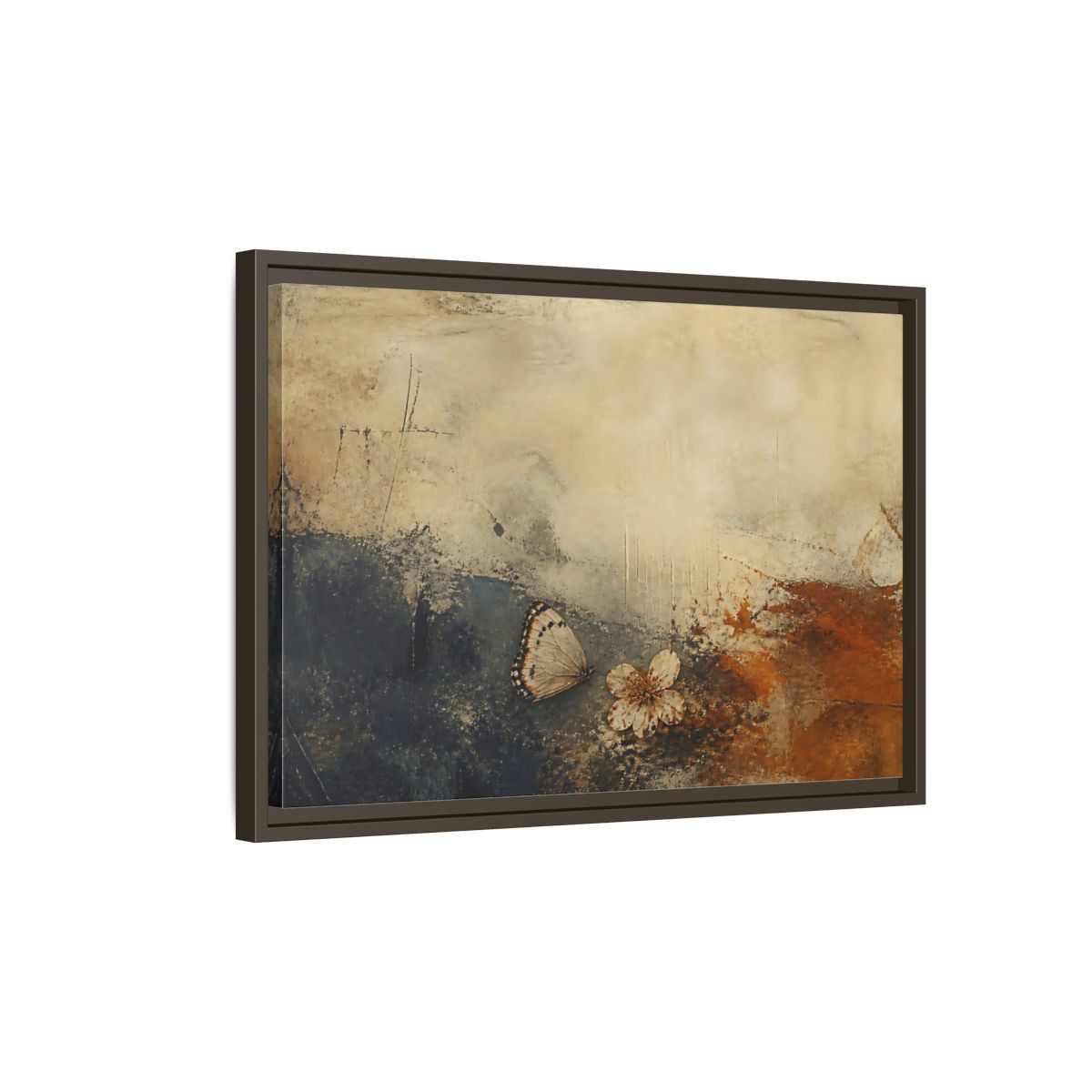 Side Mockup 2. Fallen Blossom & Butterfly shown as framed canvas print