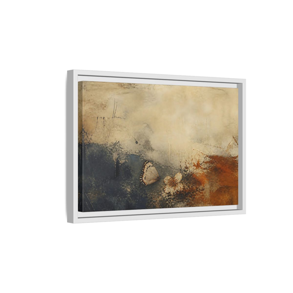 Side Mockup 4. Fallen Blossom & Butterfly shown as framed canvas print
