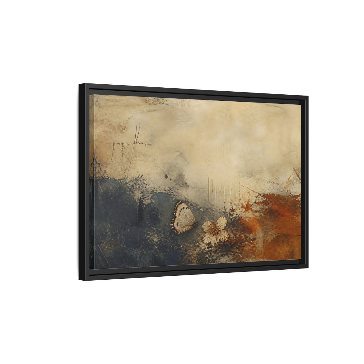Side Mockup 3. Fallen Blossom & Butterfly shown as framed canvas print