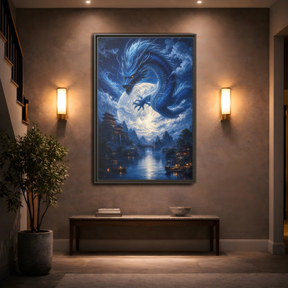 Mockup 2. Fantasy Blue Dragon Blue Dragon Landscape shown as stretched canvas wall art