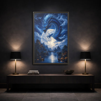 Mockup 3. Fantasy Blue Dragon Blue Dragon Landscape shown as stretched canvas wall art