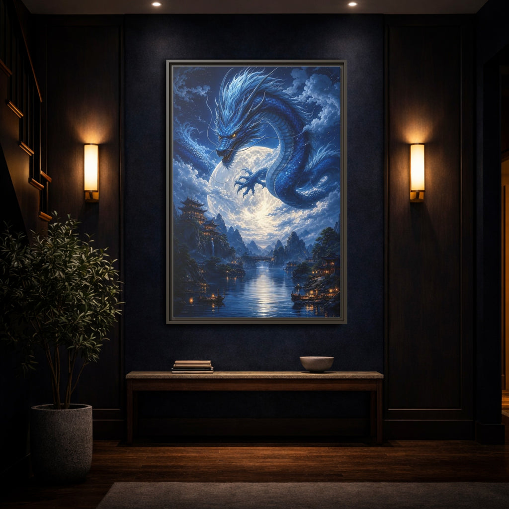 Mockup 4. Fantasy Blue Dragon Blue Dragon Landscape shown as stretched canvas wall art
