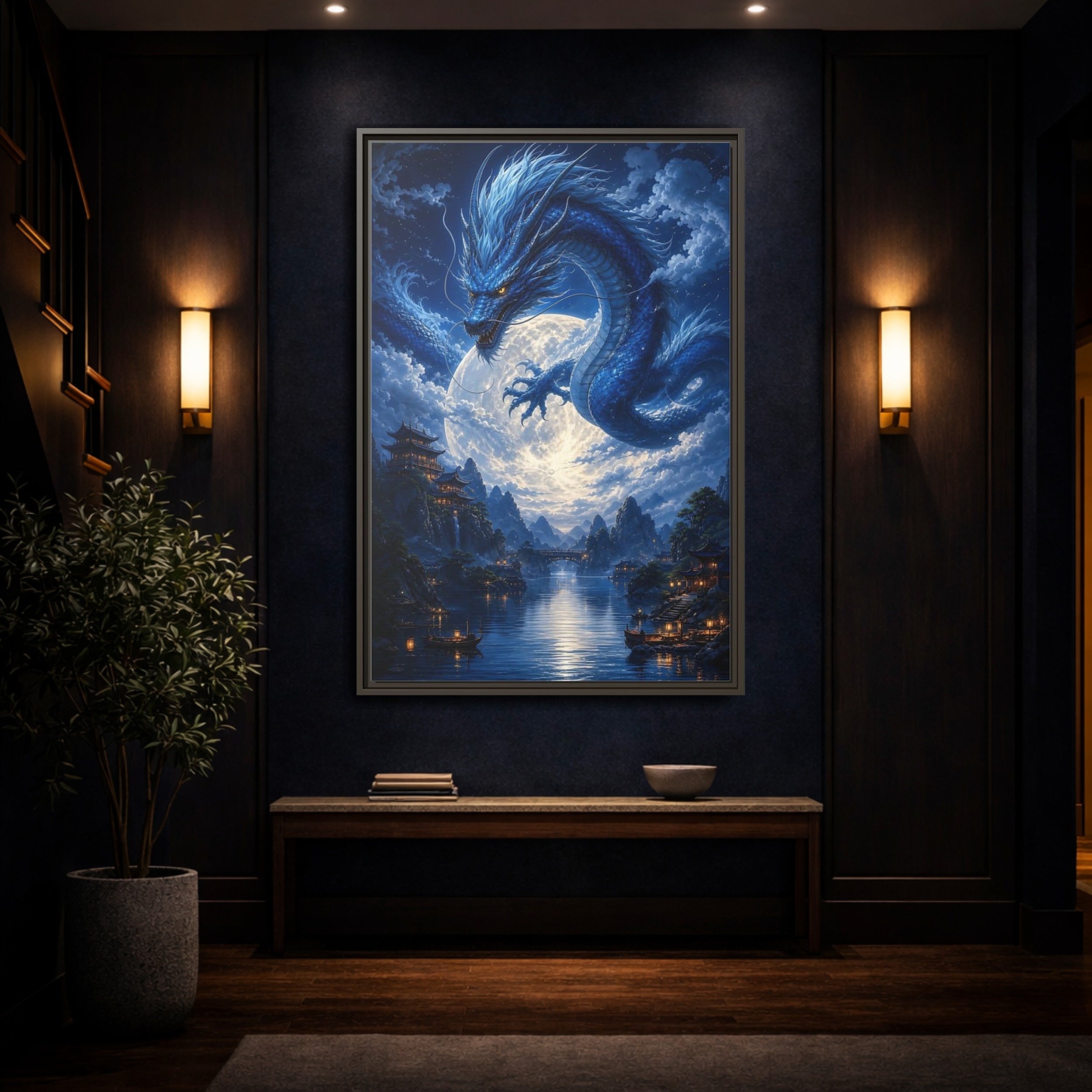 Mockup 4. Fantasy Blue Dragon Blue Dragon Landscape shown as stretched canvas wall art