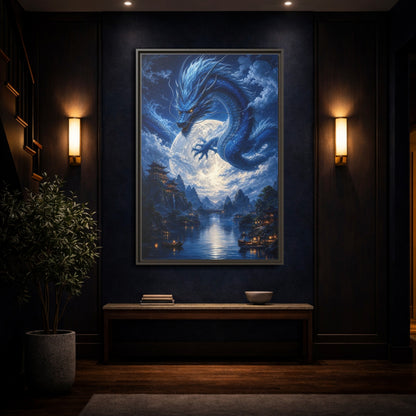 Mockup 4. Fantasy Blue Dragon Blue Dragon Landscape shown as stretched canvas wall art
