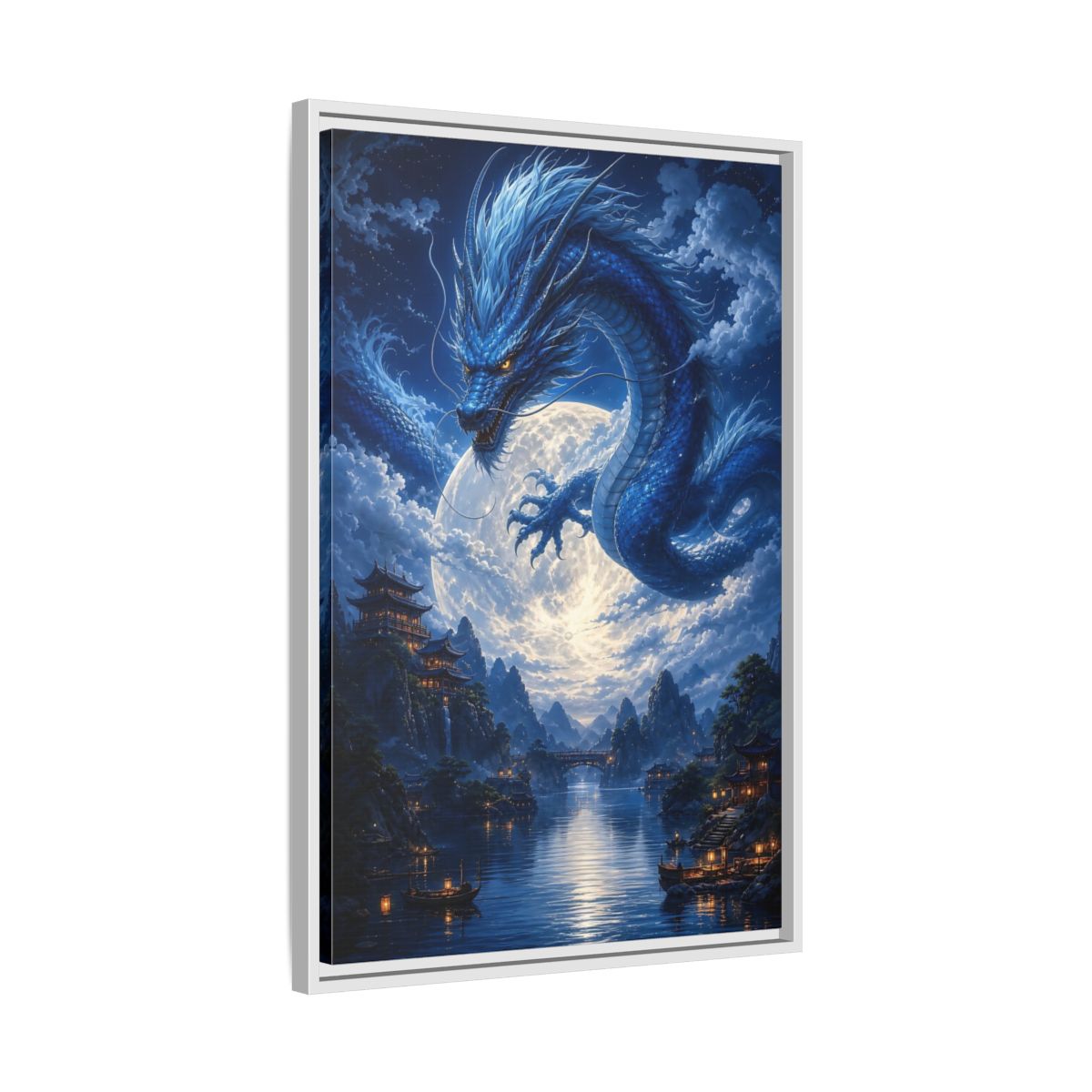 Side Mockup 10. Fantasy Blue Dragon Blue Dragon Landscape shown as stretched canvas wall art