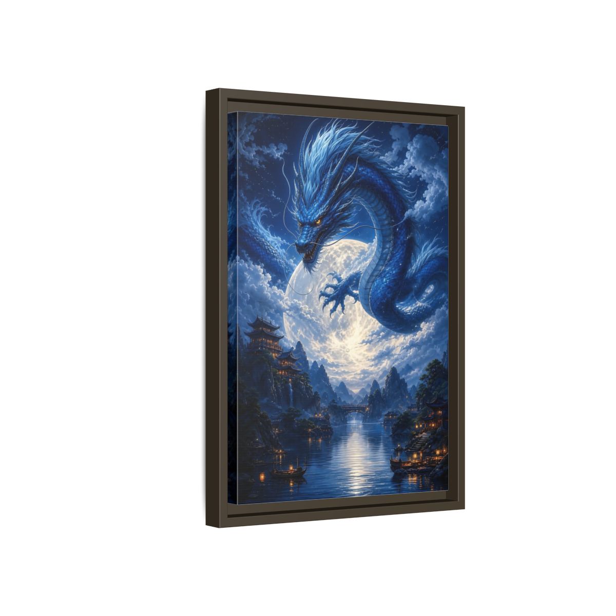 Side Mockup 5. Fantasy Blue Dragon Blue Dragon Landscape shown as stretched canvas wall art