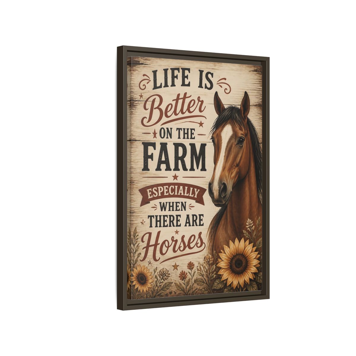 Side Mockup 2. Farm Horse Quote shown as framed canvas print