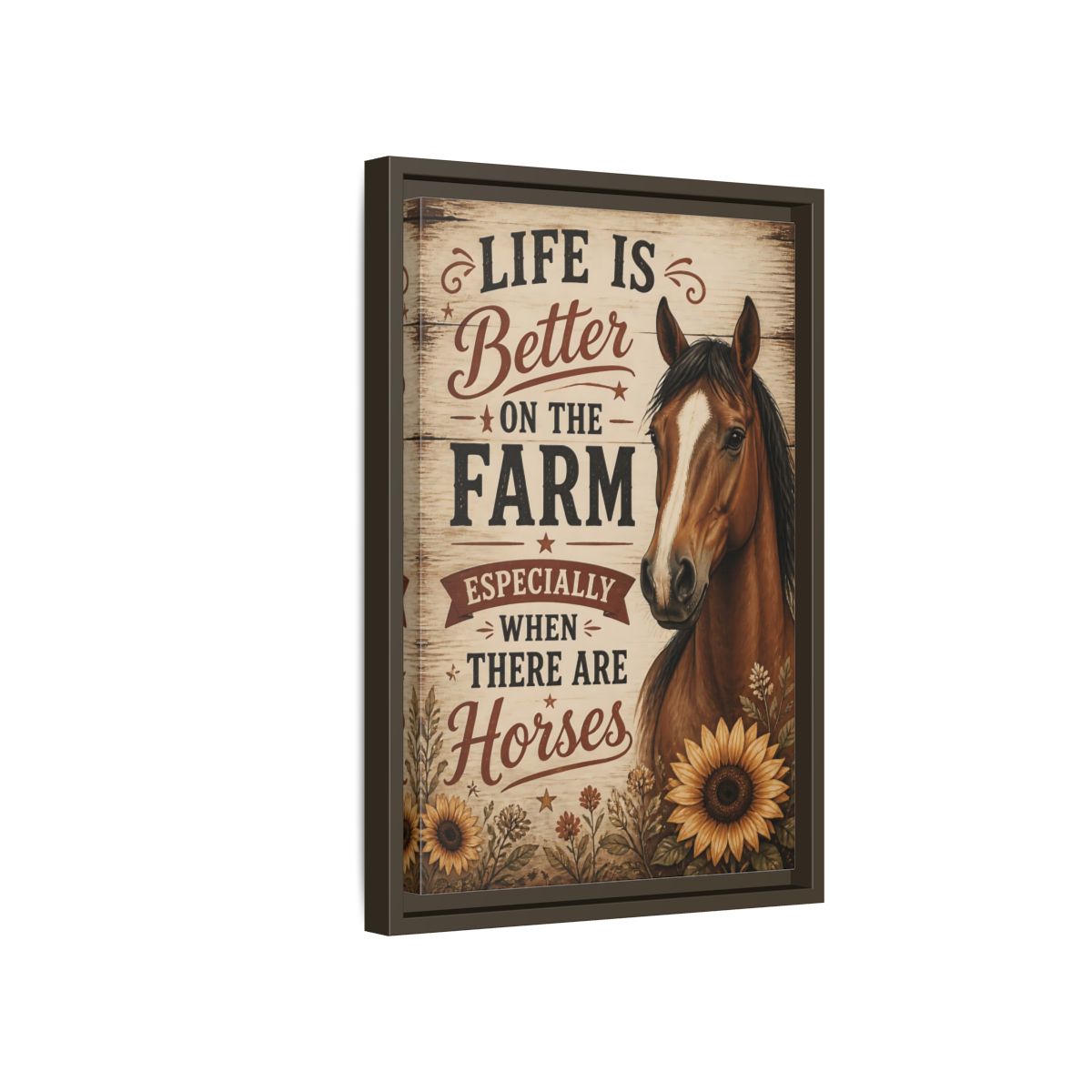 Side Mockup 5. Farm Horse Quote shown as framed canvas print
