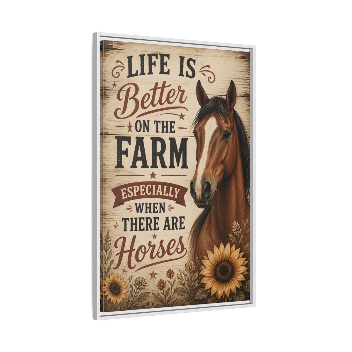 Side Mockup 9. Farm Horse Quote shown as framed canvas print