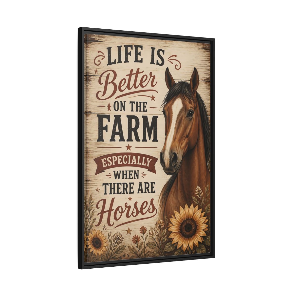 Side Mockup 13. Farm Horse Quote shown as framed canvas print