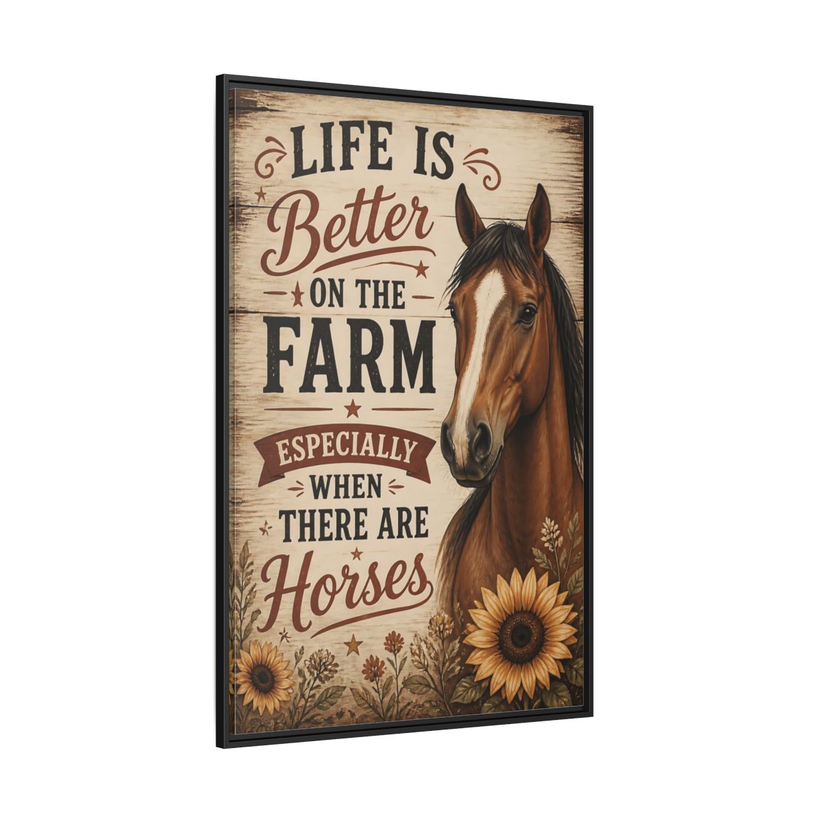 Side Mockup 12. Farm Horse Quote shown as framed canvas print