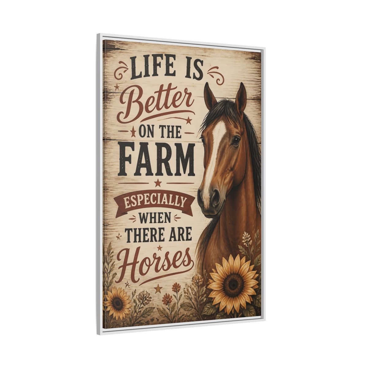 Side Mockup 7. Farm Horse Quote shown as framed canvas print