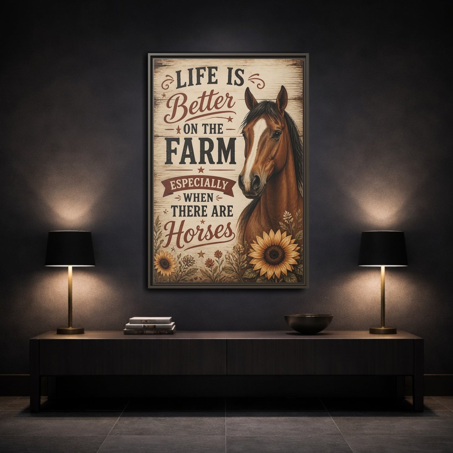 Mockup 3. Farm Horse Quote shown as framed canvas print