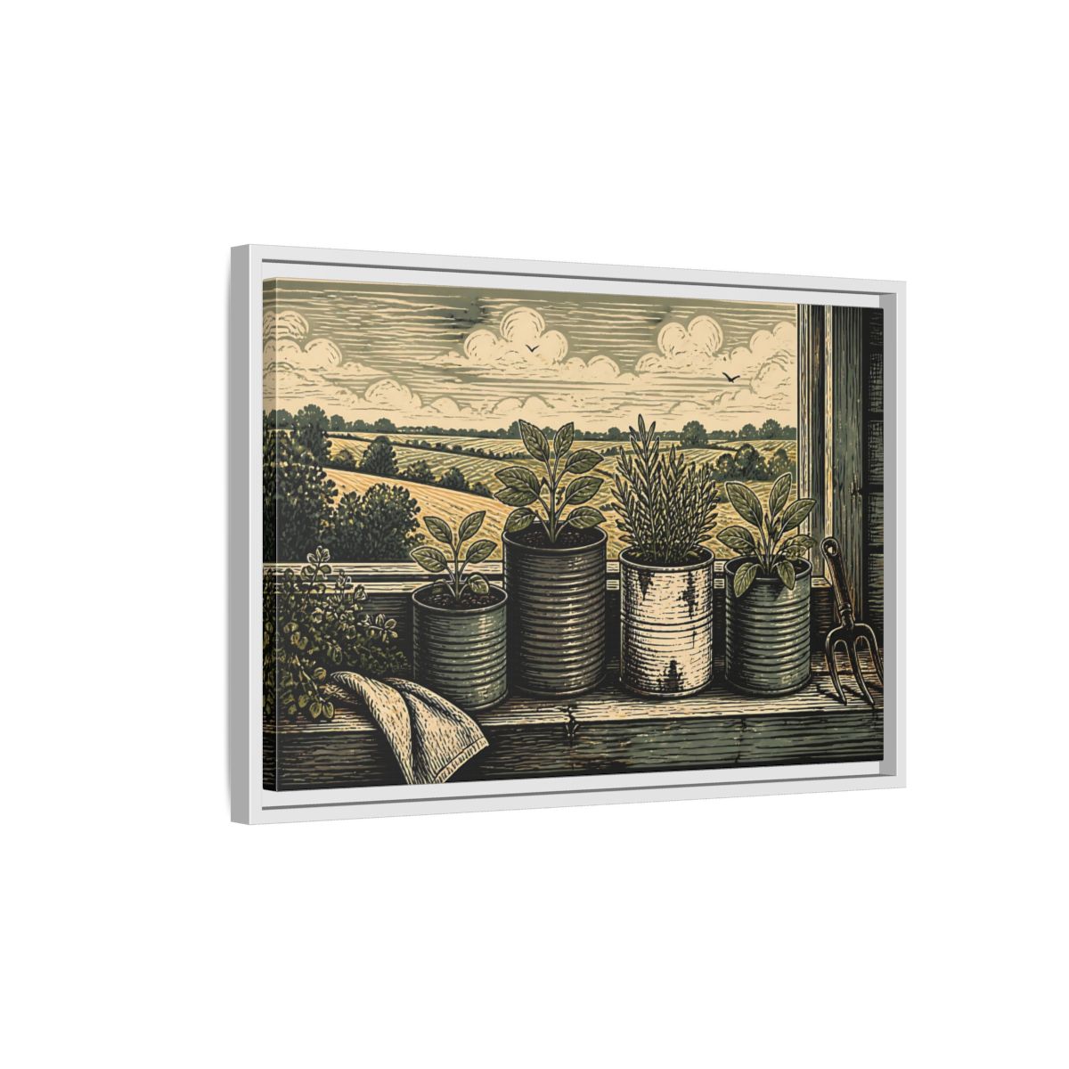 Side Mockup 1. Farmhouse Window Herb Garden shown as framed canvas print