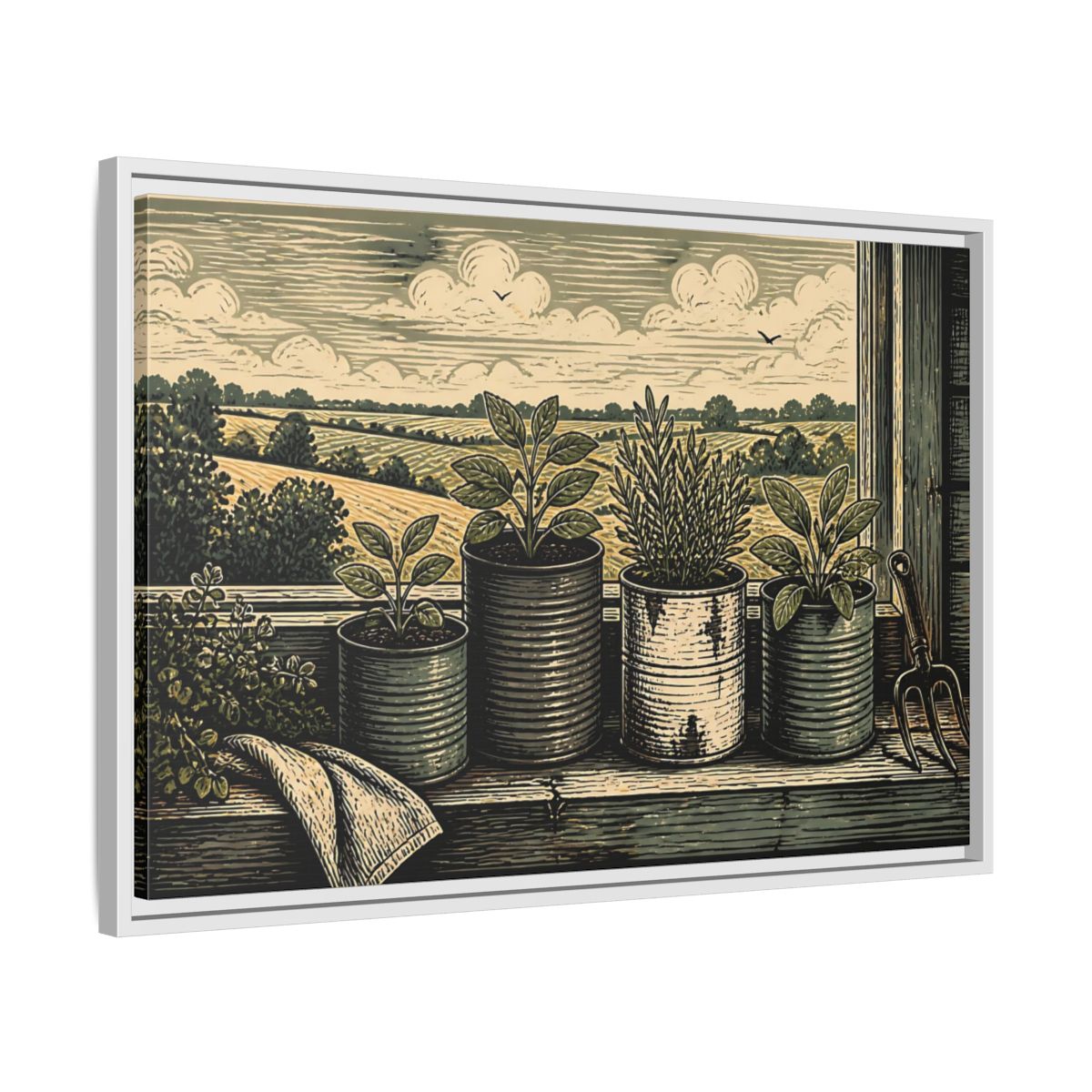 Side Mockup 10. Farmhouse Window Herb Garden shown as framed canvas print