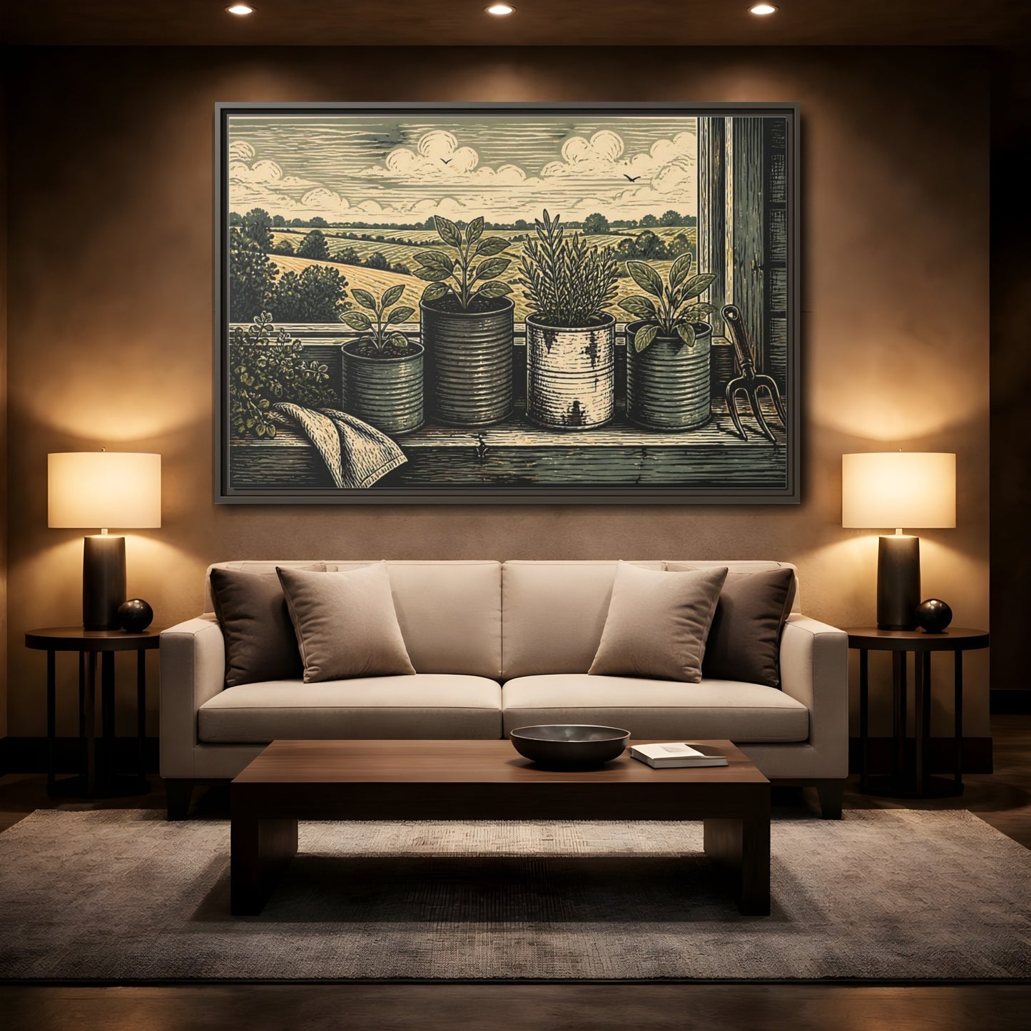 Mockup 2. Farmhouse Window Herb Garden shown as framed canvas print