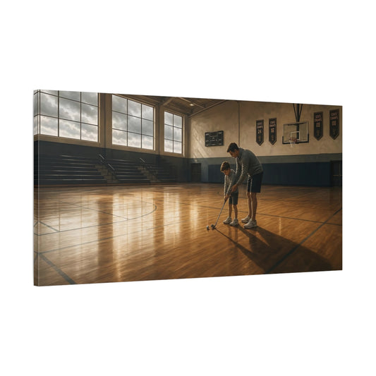 Main Mockup. Father & Son Gym Lesson shown as canvas print