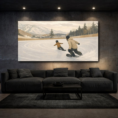 Mockup 3. Father And Child Snowboarding shown as canvas print