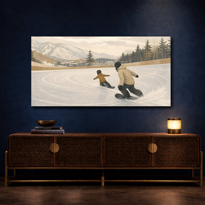 Mockup 4. Father And Child Snowboarding shown as canvas print