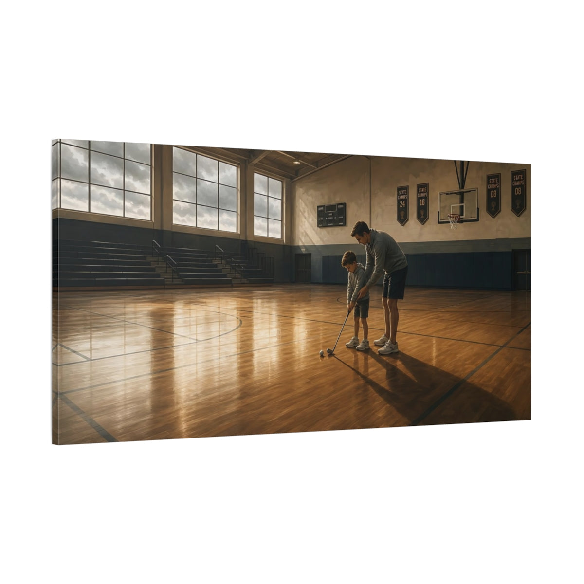 Side Mockup 2. Father & Son Gym Lesson shown as canvas print