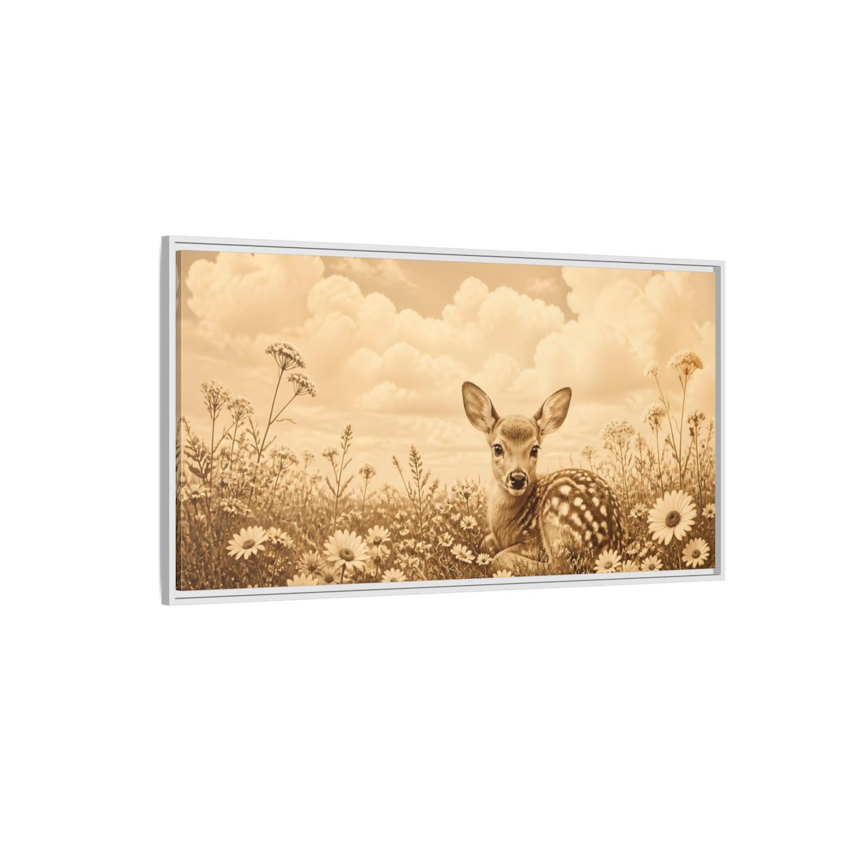 Side Mockup 3. Fawn Among Daisies shown as framed canvas print