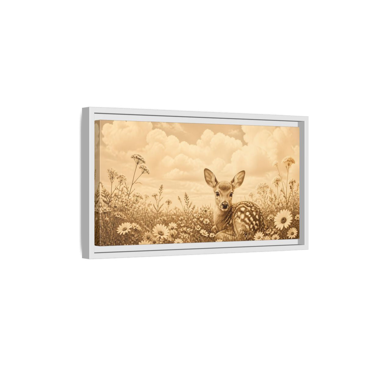 Side Mockup 6. Fawn Among Daisies shown as framed canvas print