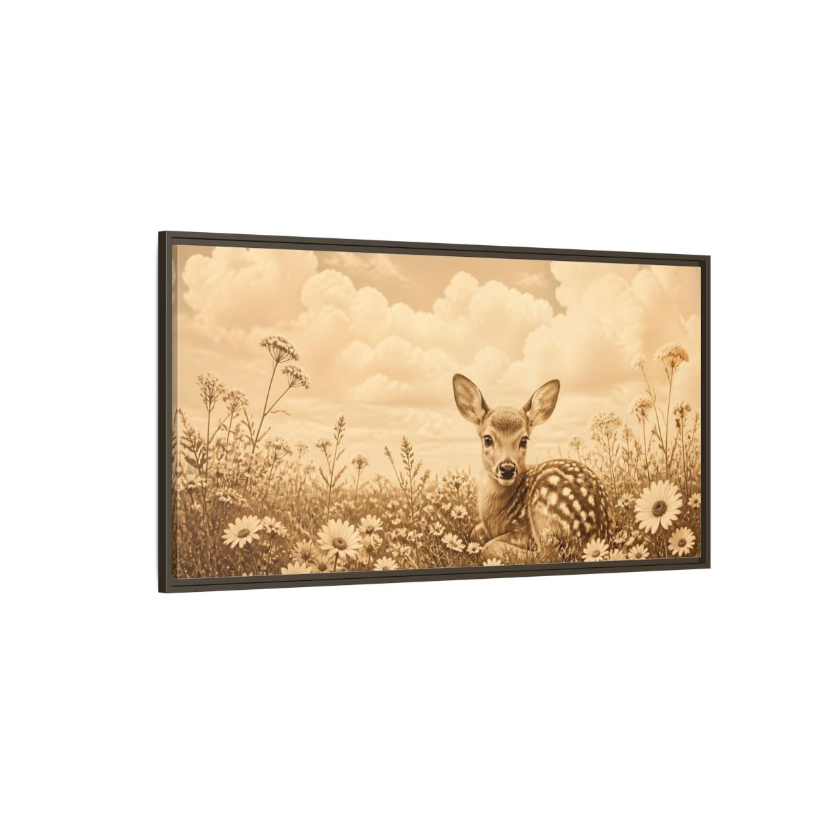 Side Mockup 4. Fawn Among Daisies shown as framed canvas print