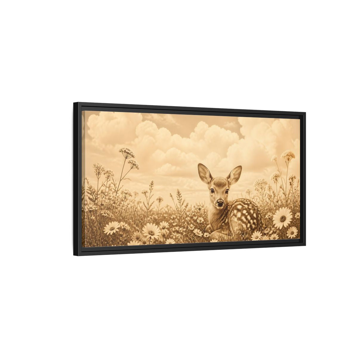 Side Mockup 2. Fawn Among Daisies shown as framed canvas print
