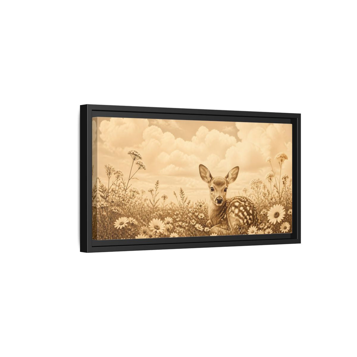 Side Mockup 8. Fawn Among Daisies shown as framed canvas print