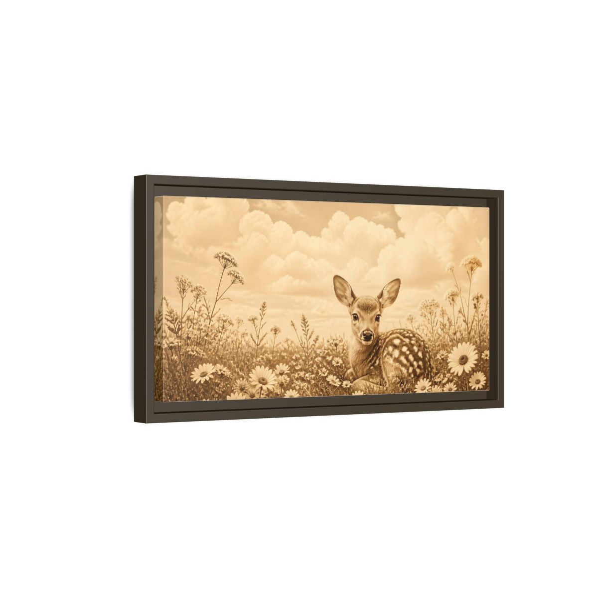 Side Mockup 7. Fawn Among Daisies shown as framed canvas print