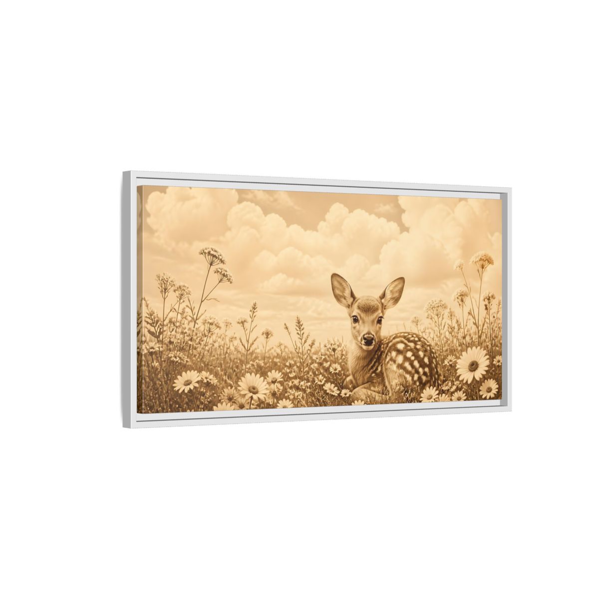 Side Mockup 1. Fawn Among Daisies shown as framed canvas print