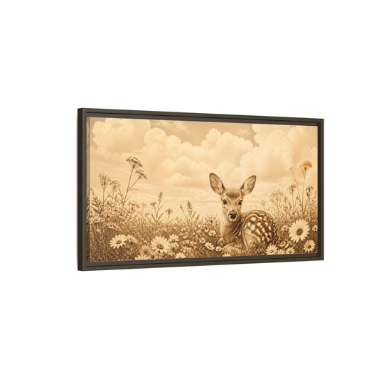 Main Mockup. Fawn Among Daisies shown as framed canvas print