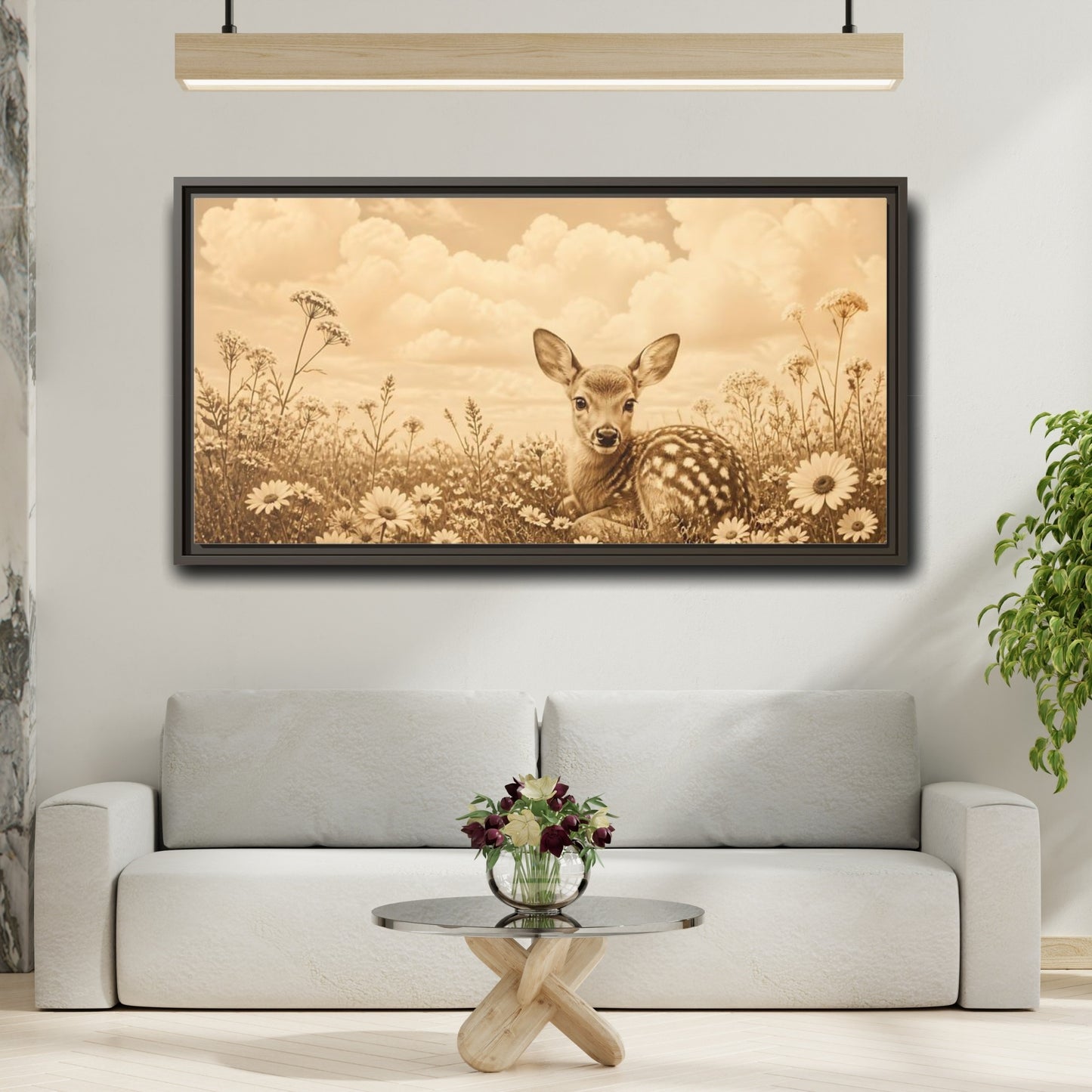 Mockup 2. Fawn Among Daisies shown as framed canvas print