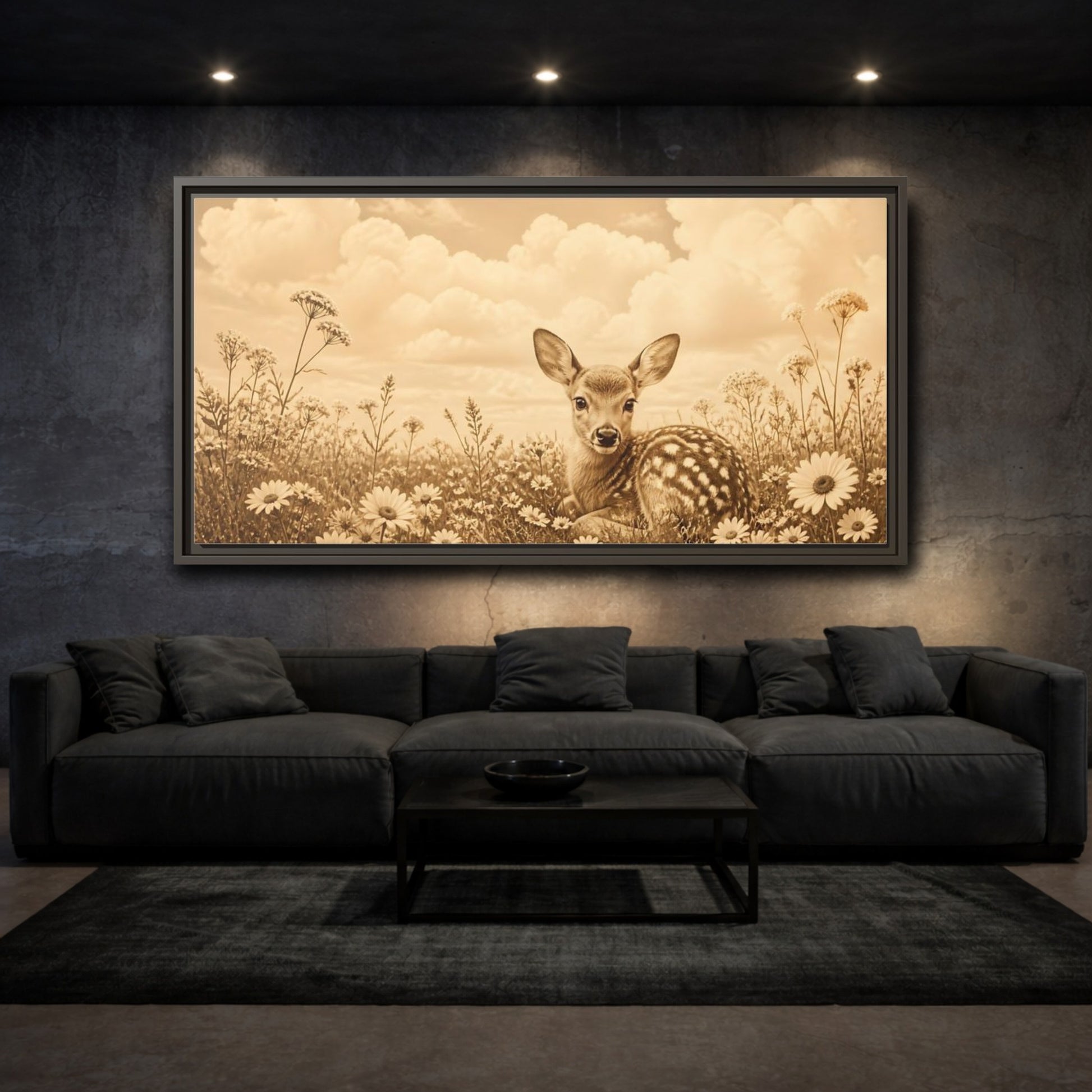 Mockup 3. Fawn Among Daisies shown as framed canvas print