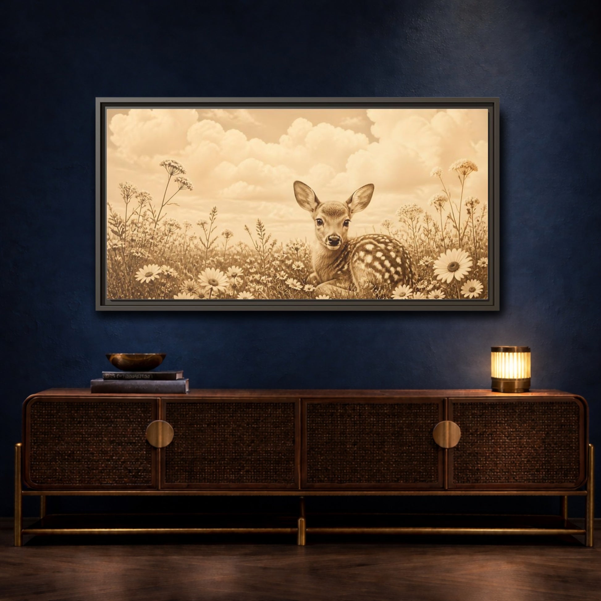 Mockup 4. Fawn Among Daisies shown as framed canvas print