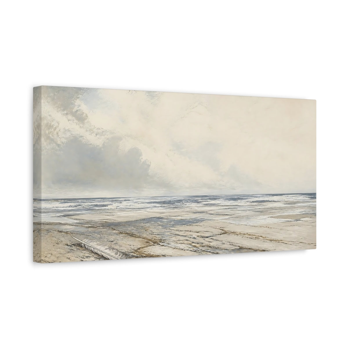 Side Mockup 3. Feather On Pale Shore shown as canvas print